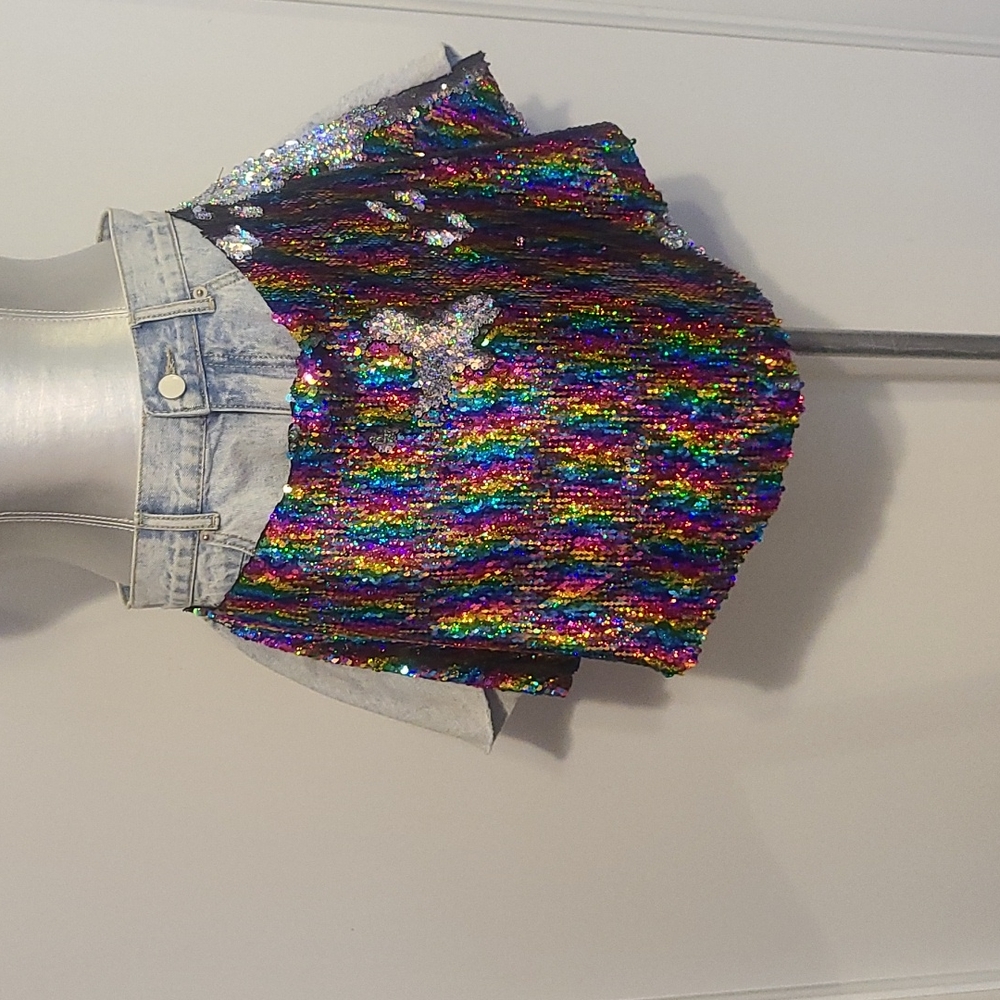 LA'ROS RAINBOW SEQUIN FRONT PANEL DENIM FLARED SHORTS.BRAND NEW